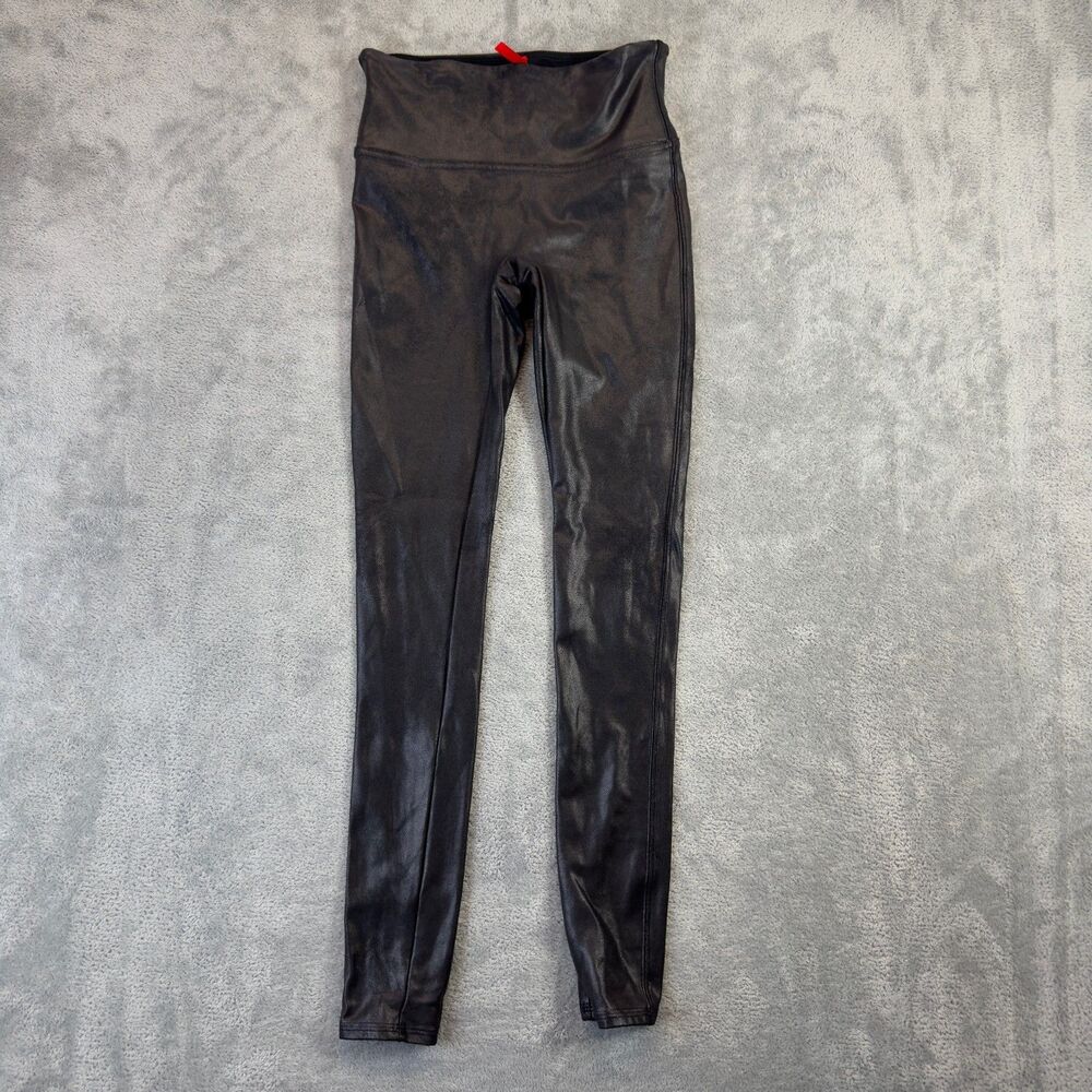 SPANX Leggings Womens Small Black Faux Leather Shiny Metallic High Rise Stretch